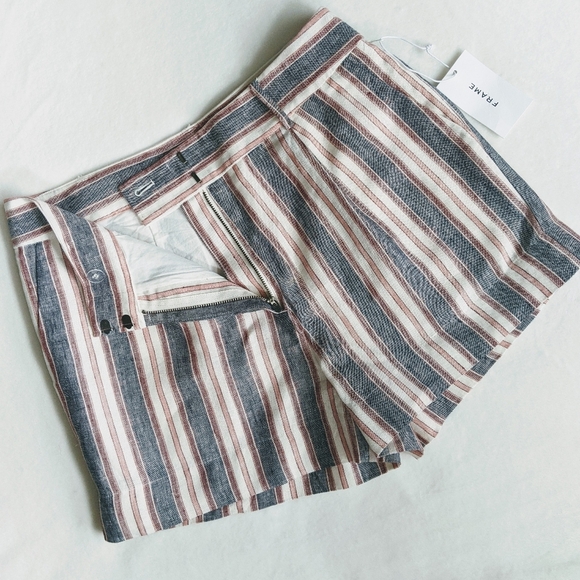 Frame Shorts Linen High Waist Zip Fly Striped Lined Natural Blue Red 8 NWT - Picture 5 of 14